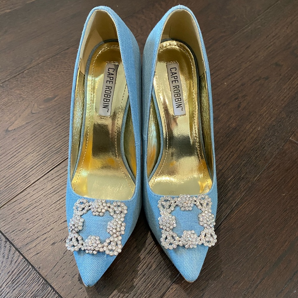 Denim Heels with Rhinestone Broche